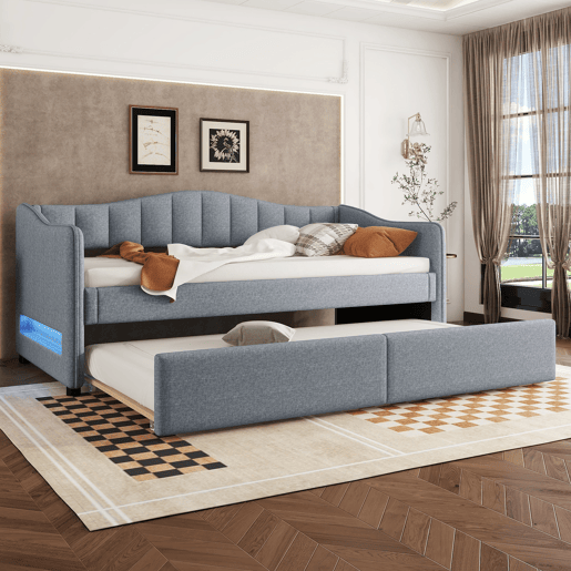 Cama divã com LED 90x200cm + cama com gavetão 90x190cm - estofo em tecido de linho - Cinzento (colchão não incluído)
