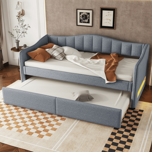 Cama divã com LED 90x200cm + cama com gavetão 90x190cm - estofo em tecido de linho - Cinzento (colchão não incluído)