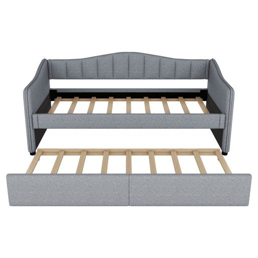Cama divã com LED 90x200cm + cama com gavetão 90x190cm - estofo em tecido de linho - Cinzento (colchão não incluído)