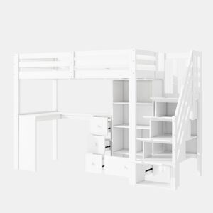 Cama alta de madeira 90x200 cm - com secretária e espaço de arrumação - Branco