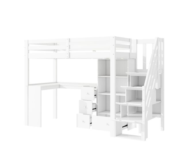 Cama alta de madera de 90x200 cm - con escritorio y múltiples espacios de almacenaje - blanco