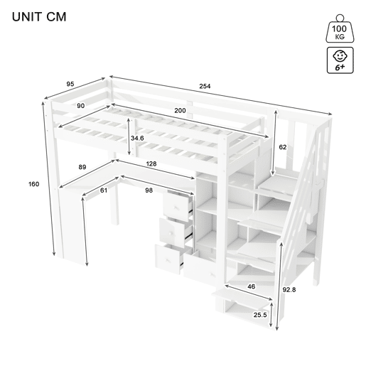 Cama alta de madeira 90x200 cm - com secretária e espaço de arrumação - Branco