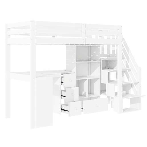 Cama alta de madeira 90x200 cm - com secretária e espaço de arrumação - Branco