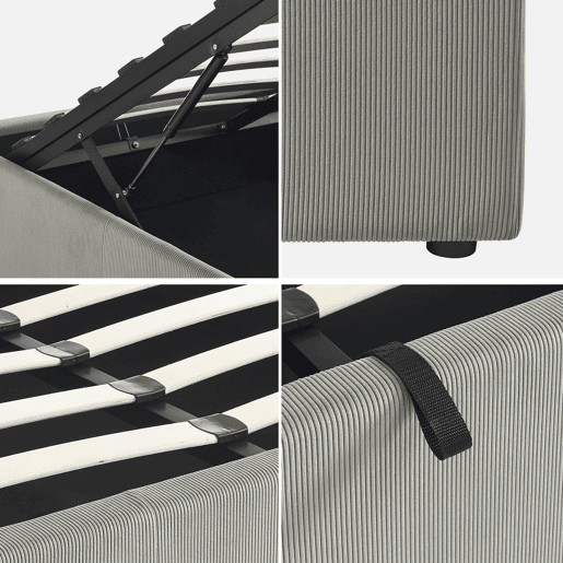 Cama com base de ripas 140cm, veludo canelado fino, Devon, Cinza, 204x148x32 cm
