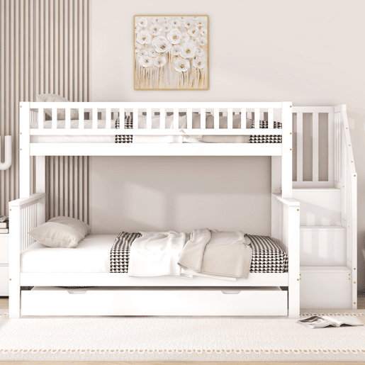 Beliche em madeira - 2x90x200cm + 140x200cm - com escada para arrumação - Branco