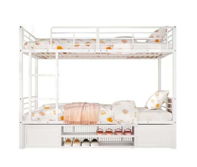 Litera infantil de metal 90x200cm con 2 puertas,zapatero,escalera y protección contra caídas,blanco