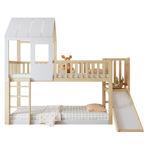 Litera cabaña infantil de madera de pino 90x200cm con tobogán,techo,ventana,escalera y protección contra caídas,blanco+natural