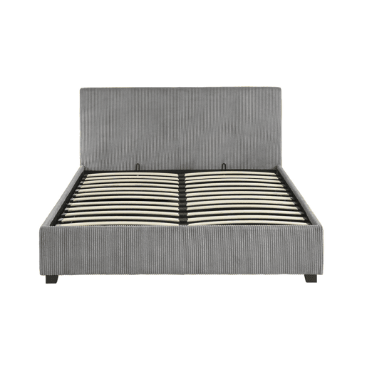 Cama com base de ripas e cabeceira 140cm, veludo canelado fino, Avalon, Cinza, 202x148x86 cm