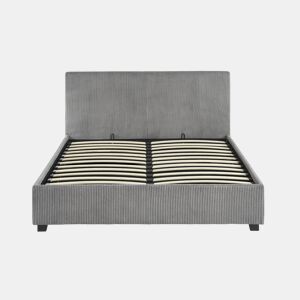 Cama com base de ripas e cabeceira 140cm, veludo canelado fino, Avalon, Cinza, 202x148x86 cm
