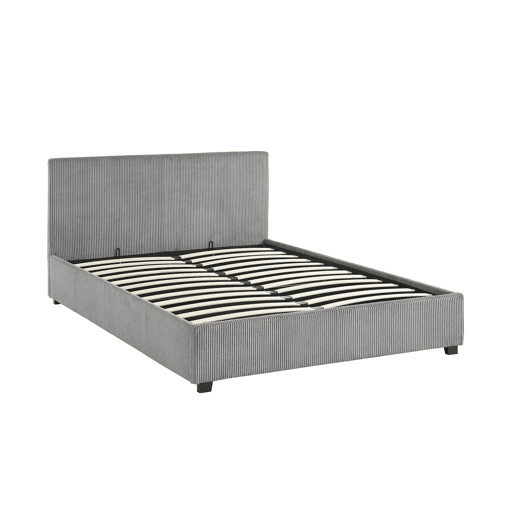Cama com base de ripas e cabeceira 140cm, veludo canelado fino, Avalon, Cinza, 202x148x86 cm