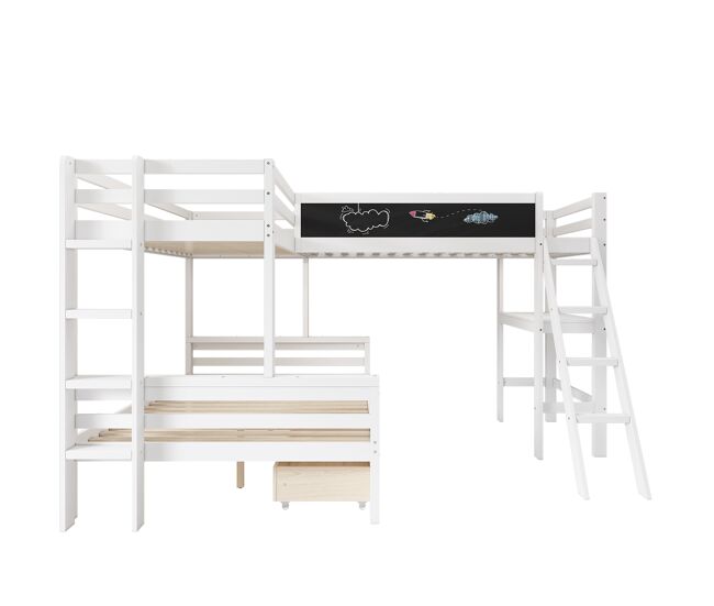 Litera 2x90x200cm + 140x200cm en madera - con escritorio y 2 cajones - blanco