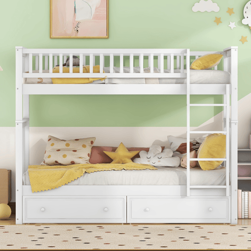 Beliche de madeira com gavetas e escada - 90x200cm - Branco Beliche de madeira com gavetas e escada - 90x200cm - Branco