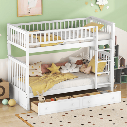 Beliche de madeira com gavetas e escada - 90x200cm - Branco Beliche de madeira com gavetas e escada - 90x200cm - Branco
