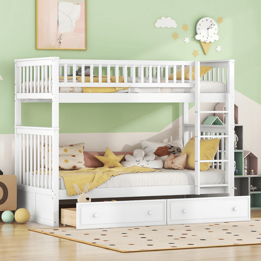 Beliche de madeira com gavetas e escada - 90x200cm - Branco Beliche de madeira com gavetas e escada - 90x200cm - Branco