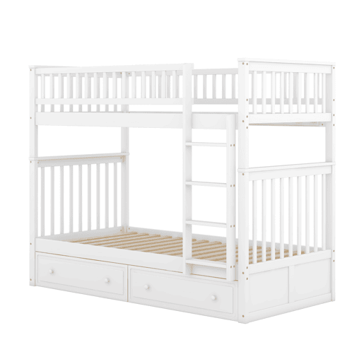 Beliche de madeira com gavetas e escada - 90x200cm - Branco Beliche de madeira com gavetas e escada - 90x200cm - Branco