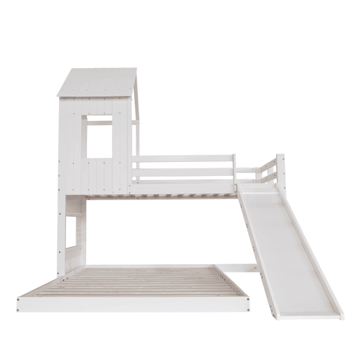 Beliche para crianças com escorrega e escada - 90x200 cm + 140x200 cm - em madeira de pinho e MDF - Branco