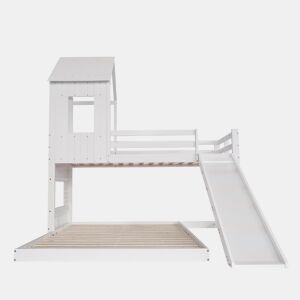 Beliche para crianças com escorrega e escada - 90x200 cm + 140x200 cm - em madeira de pinho e MDF - Branco