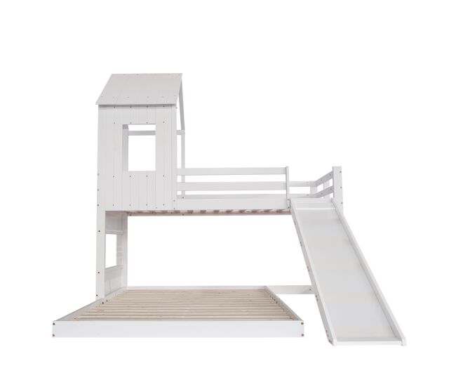 Litera para niños con tobogán y escalera - 90x200 cm + 140x200 cm - fabricada en madera de pino y mdf - blanco