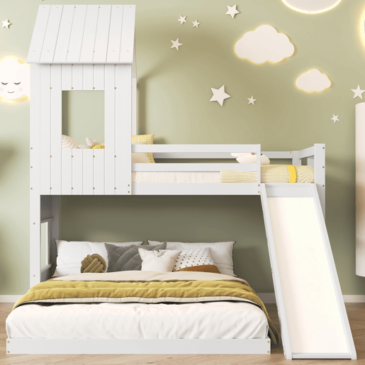 Beliche para crianças com escorrega e escada - 90x200 cm + 140x200 cm - em madeira de pinho e MDF - Branco