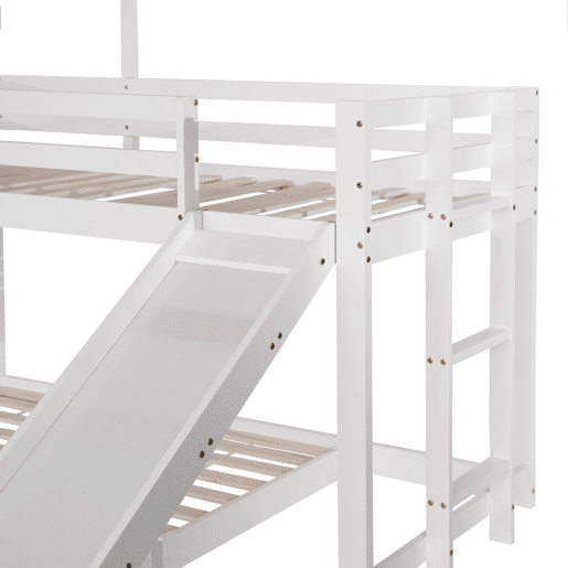 Beliche para crianças com escorrega e escada - 90x200 cm + 140x200 cm - em madeira de pinho e MDF - Branco