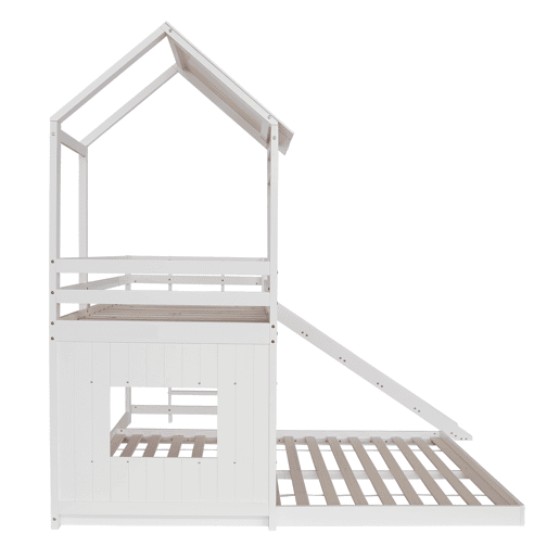 Beliche para crianças com escorrega e escada - 90x200 cm + 140x200 cm - em madeira de pinho e MDF - Branco