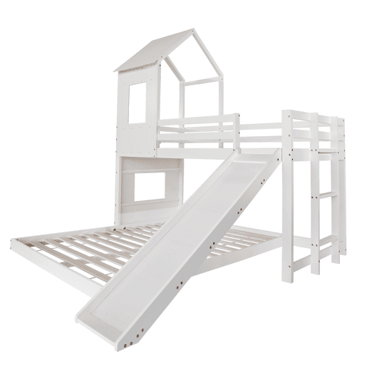 Beliche para crianças com escorrega e escada - 90x200 cm + 140x200 cm - em madeira de pinho e MDF - Branco