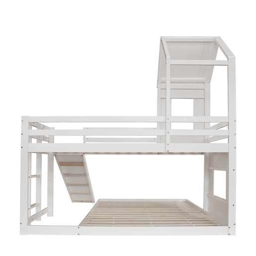 Beliche para crianças com escorrega e escada - 90x200 cm + 140x200 cm - em madeira de pinho e MDF - Branco