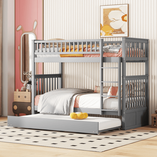 Beliche 2x90x200cm com cama de rodízio 90x190cm - com corrimão e escada - Cinzento