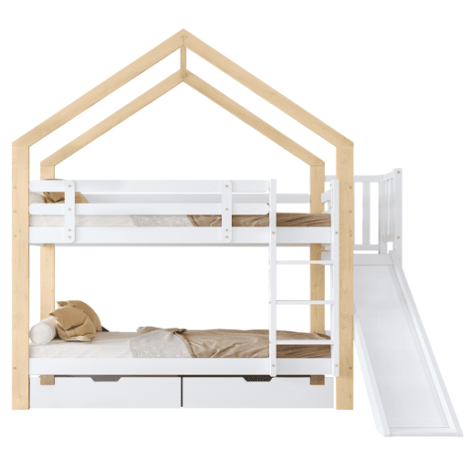 Beliche,cama-casa de madeira maciça 90x200cm com 2 gavetas,branco+natural Beliche,cama-casa de madeira maciça 90x200cm com 2 gavetas,branco+natural