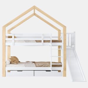 Beliche,cama-casa de madeira maciça 90x200cm com 2 gavetas,branco+natural