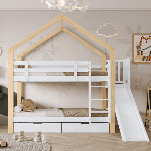 Beliche,cama-casa de madeira maciça 90x200cm com 2 gavetas,branco+natural Beliche,cama-casa de madeira maciça 90x200cm com 2 gavetas,branco+natural