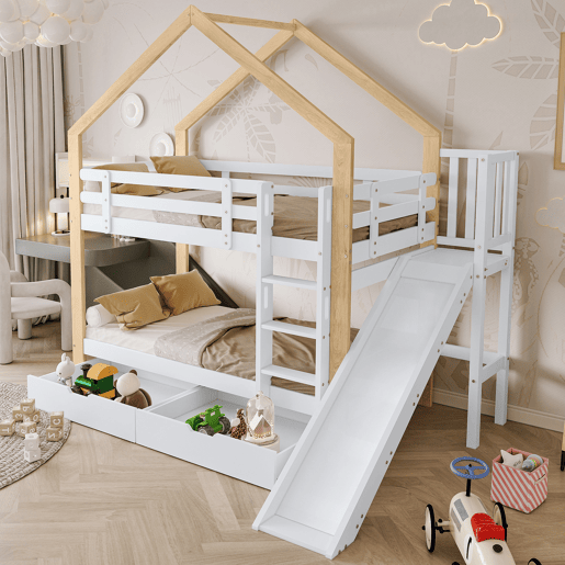 Beliche,cama-casa de madeira maciça 90x200cm com 2 gavetas,branco+natural Beliche,cama-casa de madeira maciça 90x200cm com 2 gavetas,branco+natural