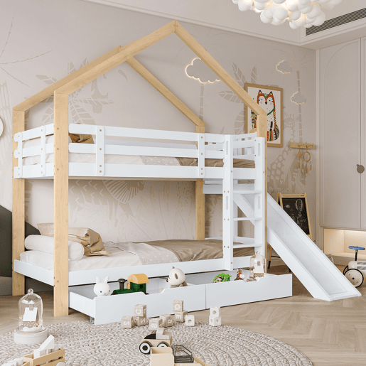 Beliche,cama-casa de madeira maciça 90x200cm com 2 gavetas,branco+natural Beliche,cama-casa de madeira maciça 90x200cm com 2 gavetas,branco+natural