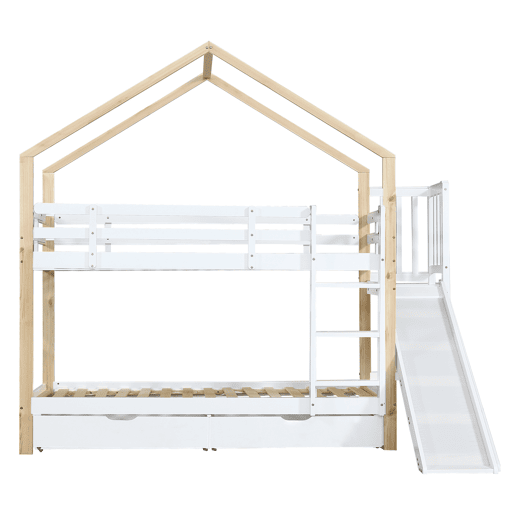 Beliche,cama-casa de madeira maciça 90x200cm com 2 gavetas,branco+natural Beliche,cama-casa de madeira maciça 90x200cm com 2 gavetas,branco+natural