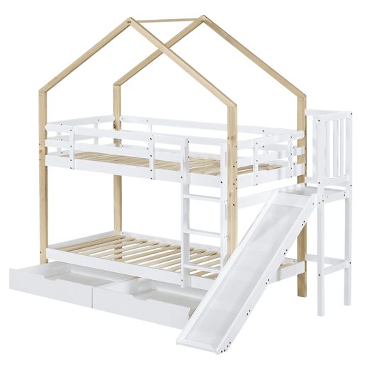 Beliche,cama-casa de madeira maciça 90x200cm com 2 gavetas,branco+natural Beliche,cama-casa de madeira maciça 90x200cm com 2 gavetas,branco+natural