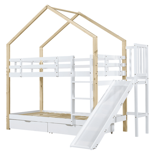 Beliche,cama-casa de madeira maciça 90x200cm com 2 gavetas,branco+natural Beliche,cama-casa de madeira maciça 90x200cm com 2 gavetas,branco+natural