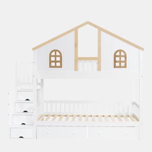 Beliche com escada de arrumação e 2 gavetas debaixo da cama - 90x200 cm - com estrado - Branco e Natural