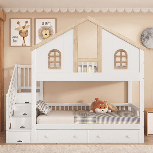 Beliche com escada de arrumação e 2 gavetas debaixo da cama - 90x200 cm - com estrado - Branco e Natural