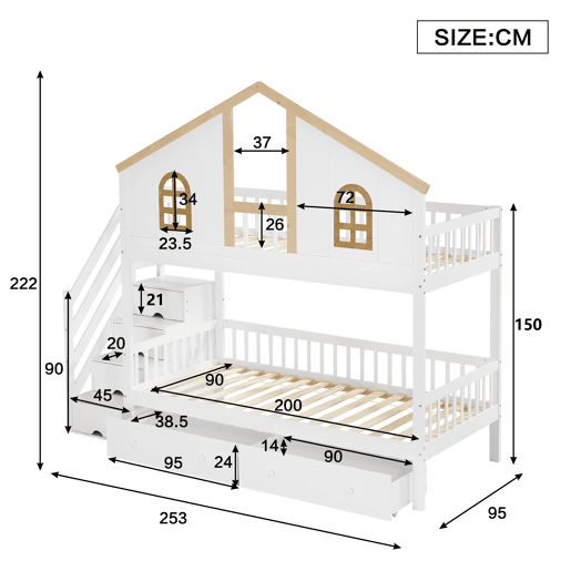 Beliche com escada de arrumação e 2 gavetas debaixo da cama - 90x200 cm - com estrado - Branco e Natural