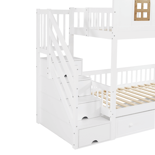 Beliche com escada de arrumação e 2 gavetas debaixo da cama - 90x200 cm - com estrado - Branco e Natural
