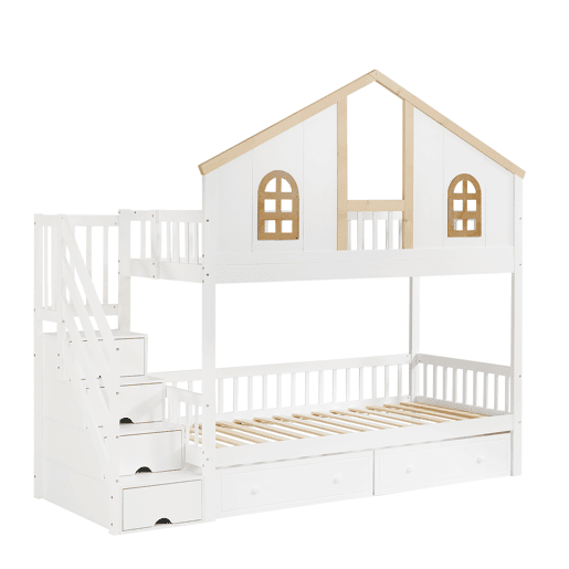 Beliche com escada de arrumação e 2 gavetas debaixo da cama - 90x200 cm - com estrado - Branco e Natural