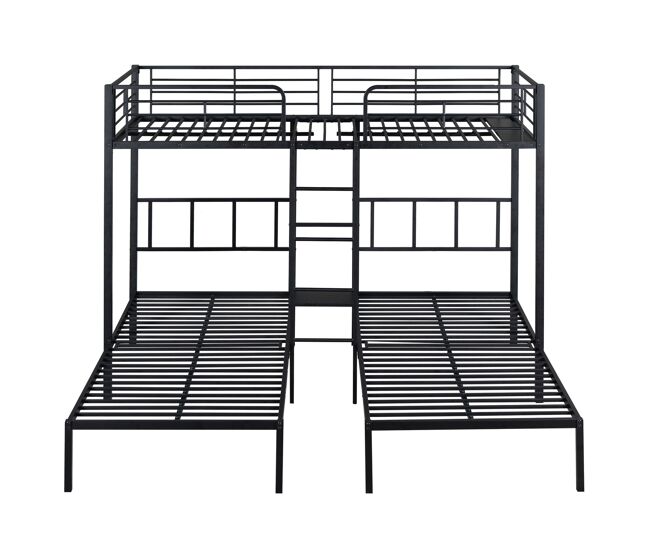 Litera triple infantil de metal 90x200cm con estante,escalera y protección contra caídas,negro