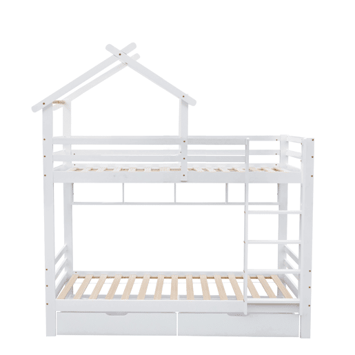 Beliche 90x200 cm em pinho maciço com gavetas e prateleiras + estrados - Branco