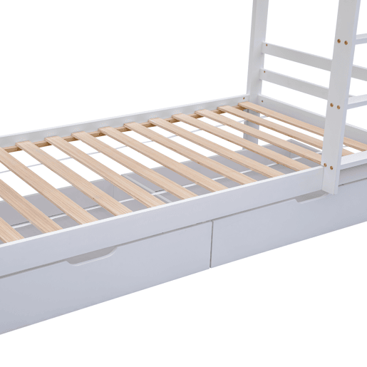 Beliche 90x200 cm em pinho maciço com gavetas e prateleiras + estrados - Branco