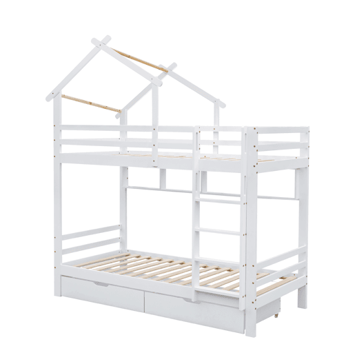 Beliche 90x200 cm em pinho maciço com gavetas e prateleiras + estrados - Branco
