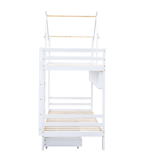 Beliche 90x200 cm em pinho maciço com gavetas e prateleiras + estrados - Branco