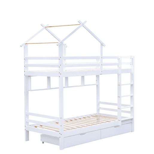 Beliche 90x200 cm em pinho maciço com gavetas e prateleiras + estrados - Branco