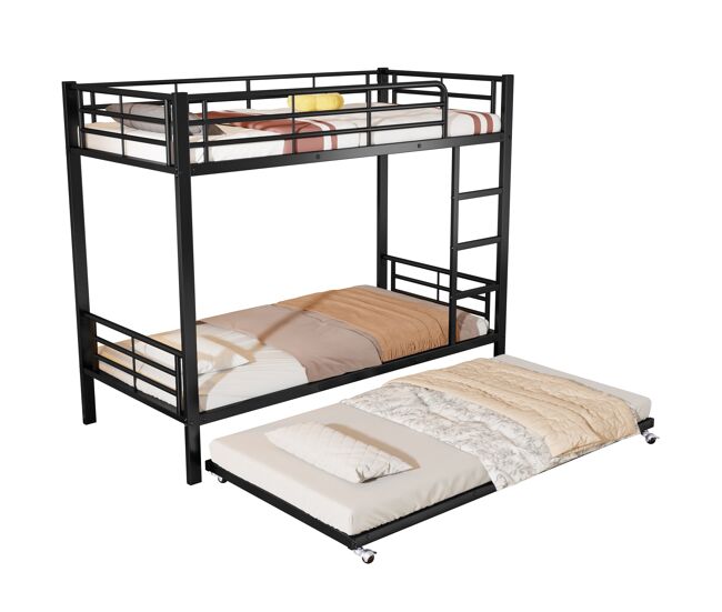 Litera infantil,cama nido de metal 90x190/200cm con escalera y protección contra caídas,negro