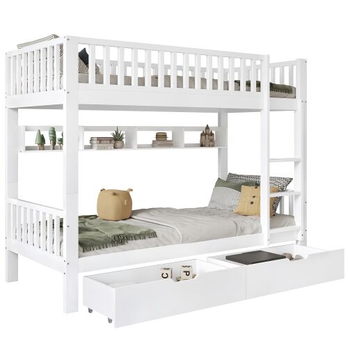 Litera infantil de madera de pino 90x200cm con 2 cajones,estante,escalera y protección contra caídas,blanco