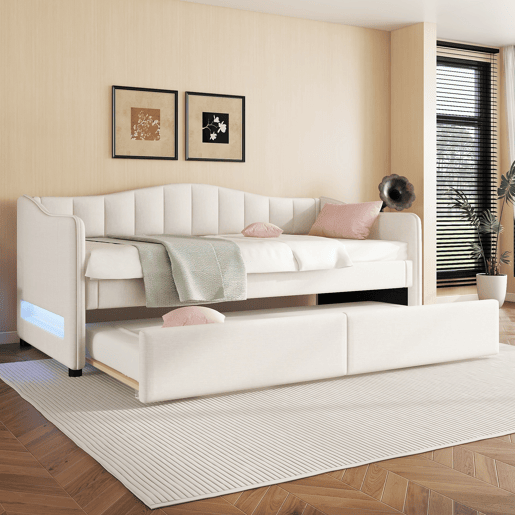 Cama divã com LED 90x200cm + cama com gavetão 90x190cm - estofo em tecido de linho - Bege (colchão não incluído)